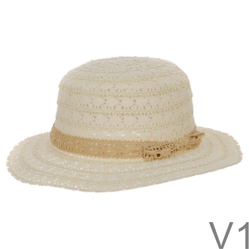 Mirabella csipkés kalap. Csipkés anyagból készült, jó tartású, gyönyörű nyári kalap, kissé hullámos karima széllel, és hozzá illő masniba kötött szalaggal.